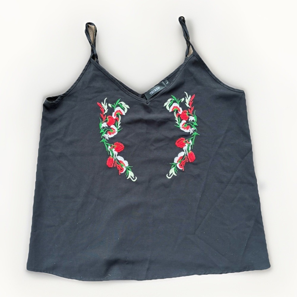 Black Floral Embroidered Large Cami Tank Top Sleeveless Layered Top